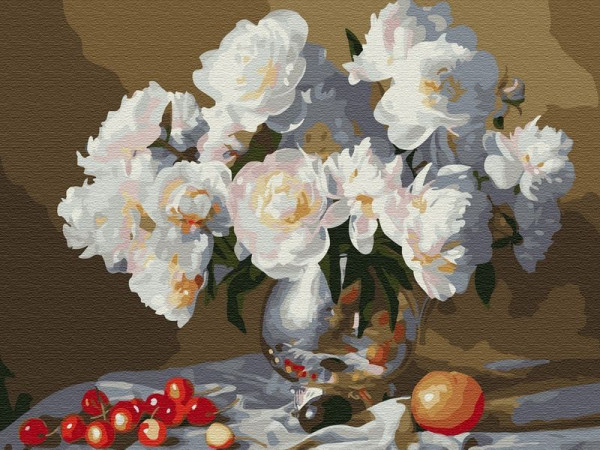 Картина по номерам с цв. схемой на холсте (30х40) НАТЮРМОРТ С БЕЛЫМИ ПИОНАМИ (23 цвета)