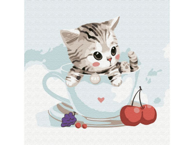 Картина по номерам 20х20 КОТЕНОК В КРУЖКЕ (13 цветов)