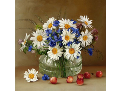 Алмазная мозаика 30х30 БУЗИН. РОМАШКИ И ВАСИЛЬКИ (26 цветов)