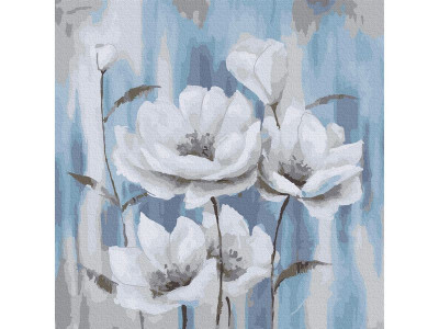 Картина по номерам 30х30 БЕЛЫЕ МАКИ НА ГОЛУБОМ ФОНЕ (15 цветов)