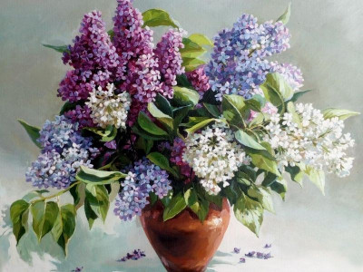 Картина по номерам с цветной схемой на холсте 30х40 Букет сирени (19 цветов)