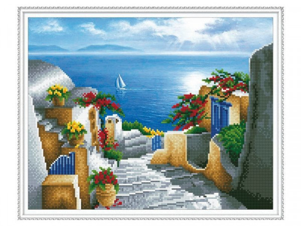 Алмазная мозаика с нанесенной рамкой 40х50 ЛЕСТНИЦА К МОРЮ (33 цвета)