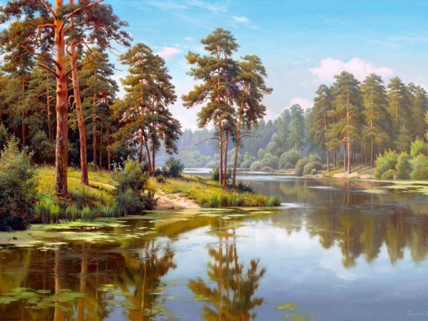 Картина мозаикой с нанесенной рамкой 40х50 И.ПРИЩЕПА. СОСНЫ У ВОДЫ (29 цветов)