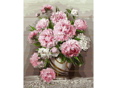 Картина по номерам на дереве 40х50 БУЗИН.РОЗОВЫЕ ПИОНЫ (25 цветов)