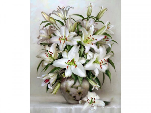 Картина по номерам 40х50 БУЗИН. БУКЕТ БЕЛЫХ ЛИЛИЙ (27 цветов)