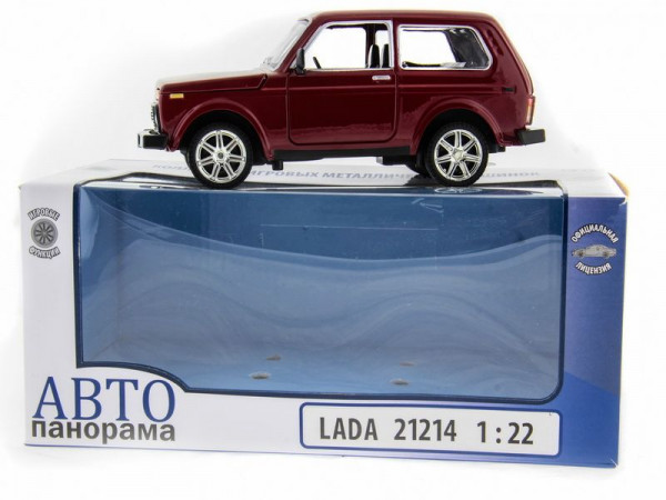Машина "АВТОПАНОРАМА" ВАЗ 2121 бордовая,1/22, инерция, Pull Bаck механизм, в/к 10*12*22 cм